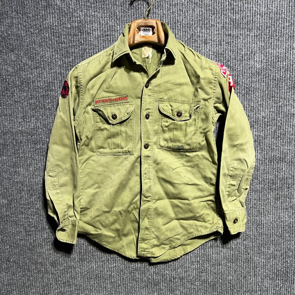 Vintage Boy Scouts of America Shirt Boys M‎ Green Patch Long Sleeve Uniform 60s